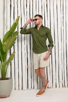 Camisa social verde militar masculina algodao com elastano slim fit