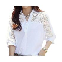 Camisa Solta de Chiffon com Renda e Botões - Blusa Casual para Verão Camisa Solta de Chiffon com Renda e Botões - Blusa Casual para Verão