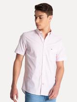 Camisa Tommy Hilfiger Masculina Manga Curta Regular Listrada Oxford Rosa Claro Camisa Tommy Hilfiger Masculina Manga Curta Regular Listrada Oxford Rosa Claro