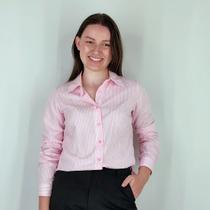 Camisa Tricoline Social Jaspe Listrada Branco e Rosa Manga Longa Feminino Adulto 25a - FANLIZ