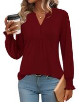 Camisa túnica Ivicoer de manga comprida com decote em V vermelho vinho