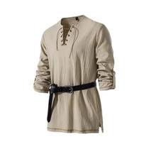 Camisa Túnica Medieval Masculina Viking Pirata Renascentista De Manga Longa Com Cadarço E Cinto