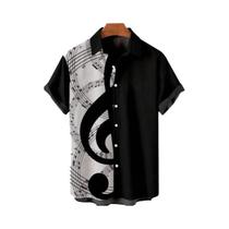 Camisa Unissex Oversized Com Estampa 3D De Notas Musicais, Abotoamento Simples, Gola Lapela, Estilo