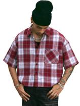 Camisa Verdusa xadrez recortada com botões vermelhos para homens Camisa Verdusa xadrez recortada com botões vermelhos para homens