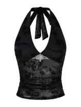 Camisa Verdusa Y2K Gothic Halter Mesh sem encosto preta XL Camisa Verdusa Y2K Gothic Halter Mesh sem encosto preta XL