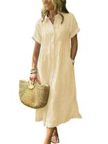 Camisa, vestido, boho, listrado, com botões, comprimento médio e bolsos