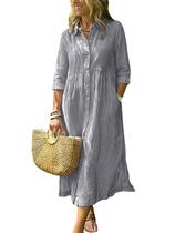Camisa, vestido, boho, listrado, manga 3/4, algodão, cinza, 2GG Camisa, vestido, boho, listrado, manga 3/4, algodão, cinza, 2GG