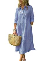 Camisa, vestido, boho, listrado, manga 3/4, algodão de comprimento médio
