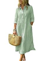 Camisa, vestido, boho, listrado, manga 3/4, algodão de comprimento médio