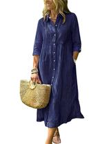 Camisa, vestido, boho, listrado, manga 3/4, algodão de comprimento médio