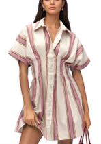 Camisa, vestido feminino calbático, com botões, plissado, listrado Camisa, vestido feminino calbático, com botões, plissado, listrado