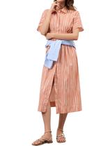 Camisa, vestido feminino calbático, listrado, com botões, plissado
