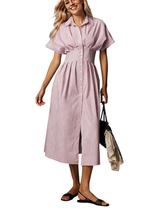 Camisa, vestido feminino calbático, listrado, com botões, plissado, roxo