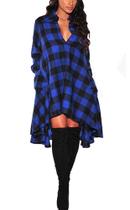 Camisa, vestido feminino, xadrez, decote em V, manga comprida, azul