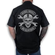 Camisa Workshirt Preta Rebel Skull 1% MC Mecânico Old School No Remorse Camisa Workshirt Preta Rebel Skull 1% MC Mecânico Old School No Remorse