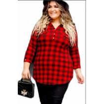 Camisa xadrez em malha comprida maxi manga 7/8 plus size Cor:Vermelho XadrezTamanho:46-52