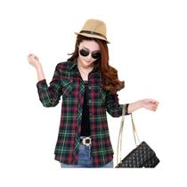 Camisa Xadrez Feminina de Algodão - Manga Comprida, Casual, Tamanho Asiático