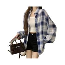 Camisa Xadrez Feminina Oversized De Chiffon Transparente Com Mangas Compridas, Botões E Gola, Estilo