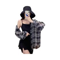 Camisa Xadrez Feminina Oversized De Chiffon Transparente Com Mangas Compridas, Botões E Gola, Estilo