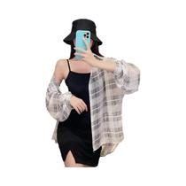 Camisa Xadrez Feminina Oversized De Chiffon Transparente Com Mangas Compridas, Botões E Gola, Estilo