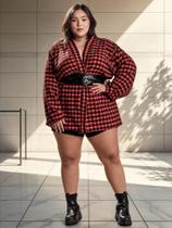 Camisa Xadrez Feminina Plus Size Manga Longa Ajustável Kimono Cardigã Casual Festa Junina