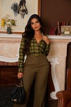 Camisa Xadrez Feminino Slim Fit Social Manga Longa Algodão Adulto COR:VERDE MILITARtamanho:G