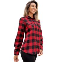 Camisa Xadrez Flanelada Manga Longa Feminina Com Bolso Blusa