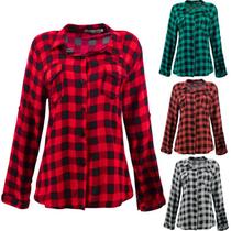 Camisa Xadrez Flanelada Manga Longa Sortida Femininacom Bolso na Blusa Camisa Xadrez Flanelada Manga Longa Sortida Femininacom Bolso na Blusa