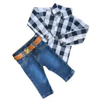 Camisa Xadrez Menino C/ Calça Jeans e Cinto Conjunto Country