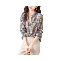 Camisa xadrez retrô para mulher, puro algodão, elegante, primavera e outono, nova
