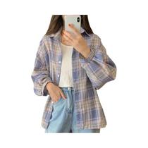 Camisa Xadrez Vintage Feminina - Manga Comprida, Estilo Preppy, Blusa Solta para Outono