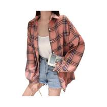 Camisa Xadrez Vintage Feminina - Manga Comprida, Estilo Preppy, Blusa Solta para Outono