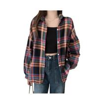 Camisa Xadrez Vintage Feminina - Manga Comprida, Estilo Preppy, Blusa Solta para Outono