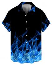 Camisa YBHUO Hawaiian Blue Flame Print de manga curta para homens
