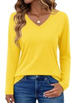 Camisa YUCOLEN de manga comprida com decote em V para mulheres amarelo-creme