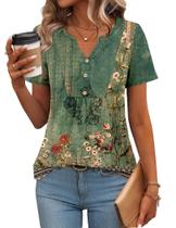 Camisa Zeagoo de manga curta Henley com decote em V para mulheres floral Camisa Zeagoo de manga curta Henley com decote em V para mulheres floral