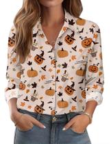 Camisa Zeagoo Halloween Button Down para mulheres com estampa de abóbora Camisa Zeagoo Halloween Button Down para mulheres com estampa de abóbora