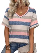 Camisa Zeagoo XL Casual de Verão com Decote V e Estampa Listrada Camisa Zeagoo XL Casual de Verão com Decote V e Estampa Listrada