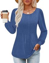 Camisa ZESICA de manga comprida para mulheres, outono, gola redonda, azul Camisa ZESICA de manga comprida para mulheres, outono, gola redonda, azul