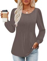 Camisa ZESICA de manga comprida para mulheres, outono, gola redonda, café, cinza