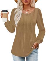Camisa ZESICA de manga comprida para mulheres, outono, gola redonda, marrom