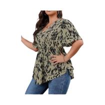 Camisas Casuais De Verão Para Mulheres plus Size Com Estampa Total, Decote Em V E Mangas Curtas Com