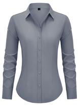 Camisas com botões, vestido ajustado com capota, gola, cinza, L, feminino