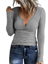 Camisas de manga comprida em camadas AKEWEI Basic Tops femininas cinza M