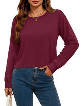 Camisas de manga comprida YUCOLEN para mulheres com gola redonda, vinho vermelho, XXL