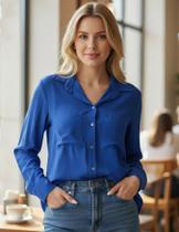Camisas Femininas Com Bolsos Manga Longa Linho Premium Gola Colarinho Italiano Elegante Fina Blusa Feminina Comprida Camisas Femininas Com Bolsos Manga Longa Linho Premium Gola Colarinho Italiano Elegante Fina Blusa Feminina Comprida