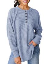 Camisas Henley BZB Waffle Knit Tops para mulheres azul claro S