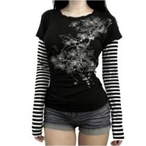 Camisas listradas Y2k Grunge, meninas adolescentes, mulheres, cenas, roupas dos anos 2000, manga comprida, emo goth, camisetas estampadas vintage (pre