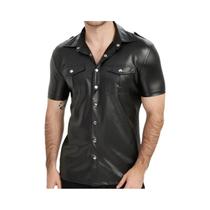 Camisas masculinas de couro PU elásticas de manga curta de qualidade superior