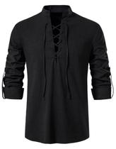Camisas masculinas de manga comprida AIFARLD, estilo retrô, cadarço, para cosplay medieval, hippie, hippie, cosplay, pirata, renascentista, traje preto